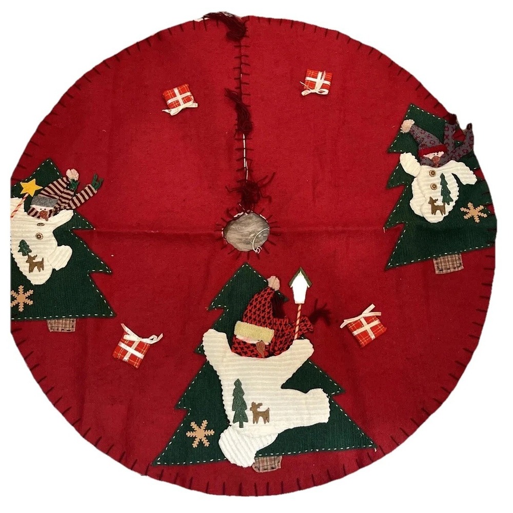 Christmas Tree Skirt 41 Inch Embroidered Wool 3D Snowman Presents Red